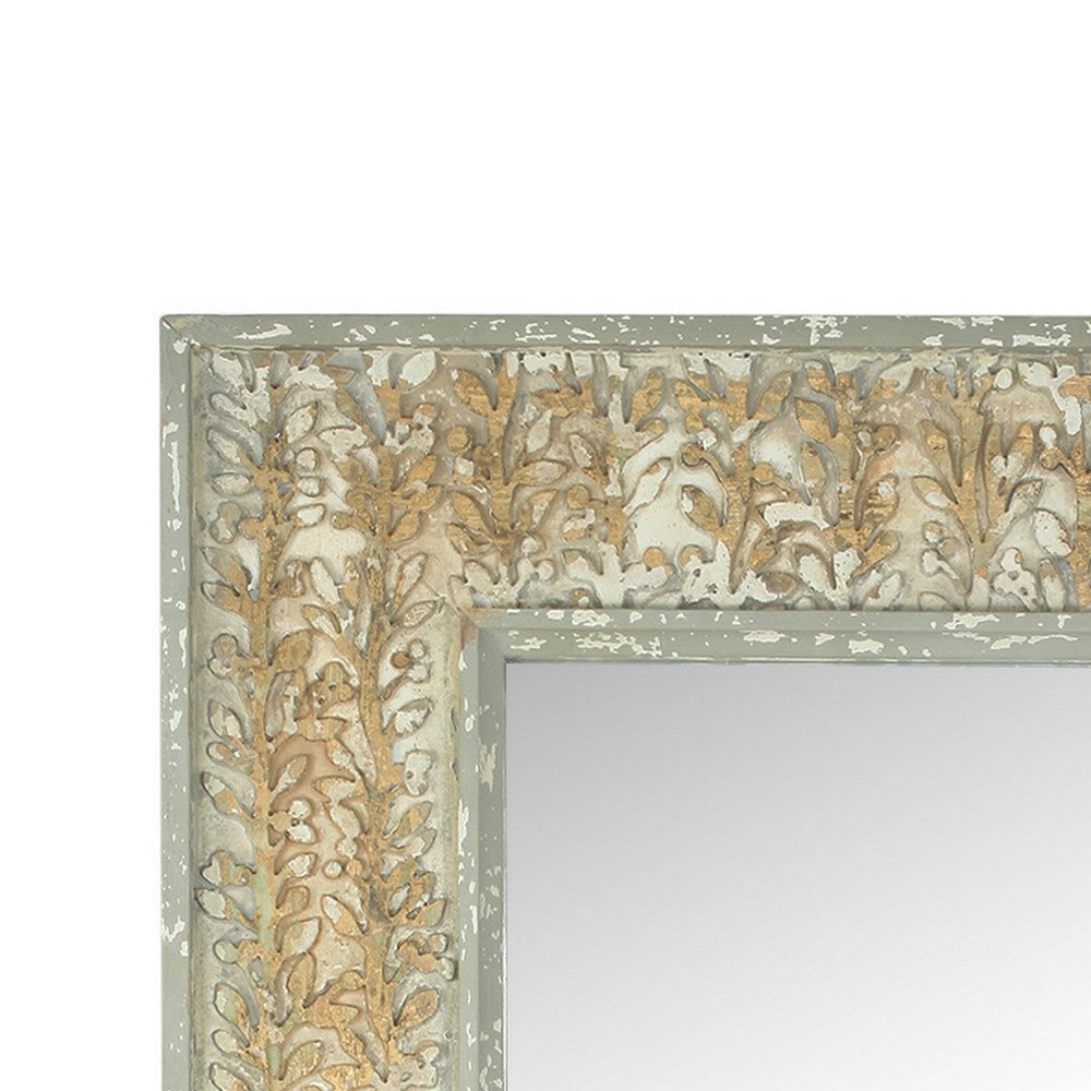 57 Inch Accent Wall Mirror, Thick Fir Wood Frame, Gold Leaves and Flowers - BM286309