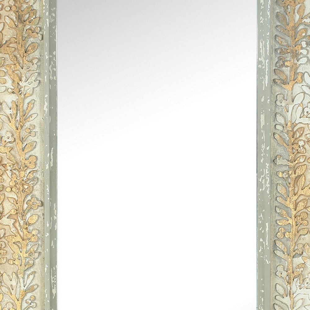 57 Inch Accent Wall Mirror, Thick Fir Wood Frame, Gold Leaves and Flowers - BM286309