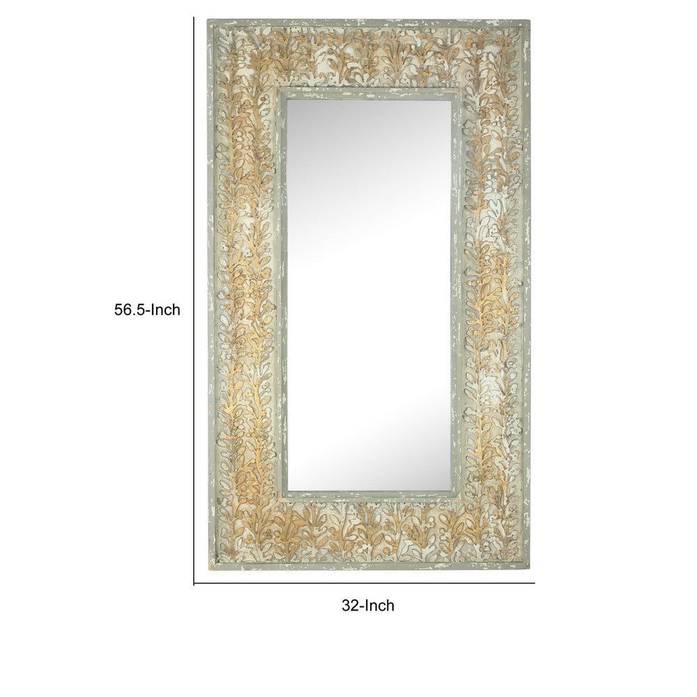 57 Inch Accent Wall Mirror, Thick Fir Wood Frame, Gold Leaves and Flowers - BM286309