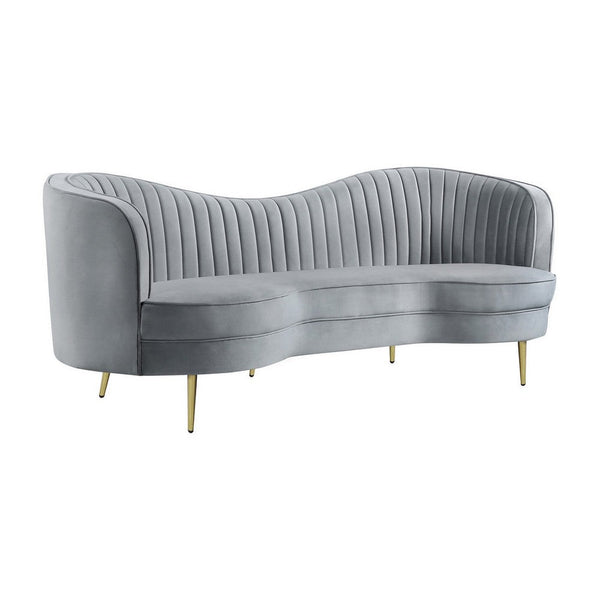 Enzo 84 Inch Modern Sofa, Curved Kidney Shape, Channel Tufted, Gray, Gold - BM286330