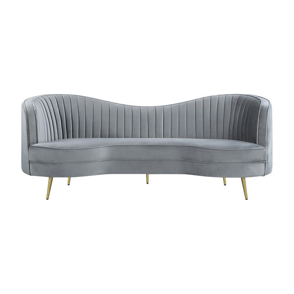 Enzo 84 Inch Modern Sofa, Curved Kidney Shape, Channel Tufted, Gray, Gold - BM286330
