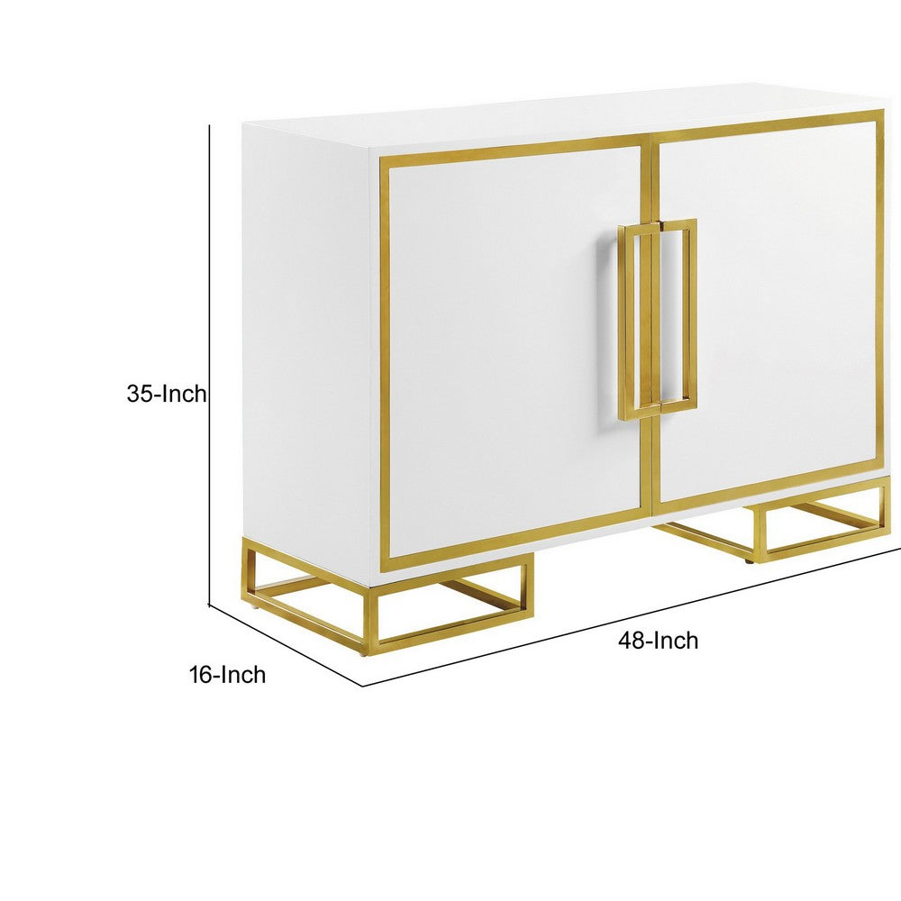 48 Inch Wood Accent Cabinet with 2 Doors and Square Open Base, White, Gold - BM286339