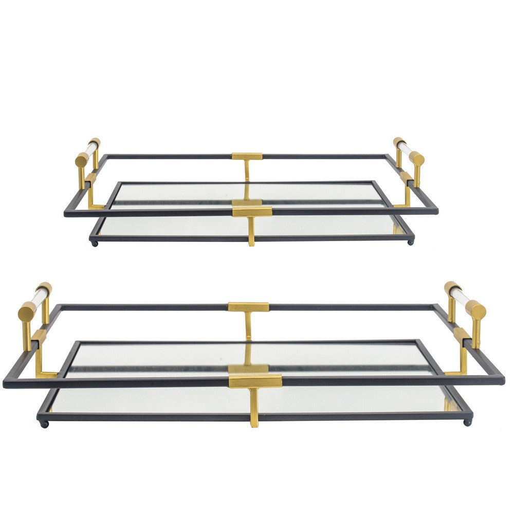 21, 27 Inch Set of 2 Decorative Trays with Mirror, Modern Frame, Gold, Black - BM286365