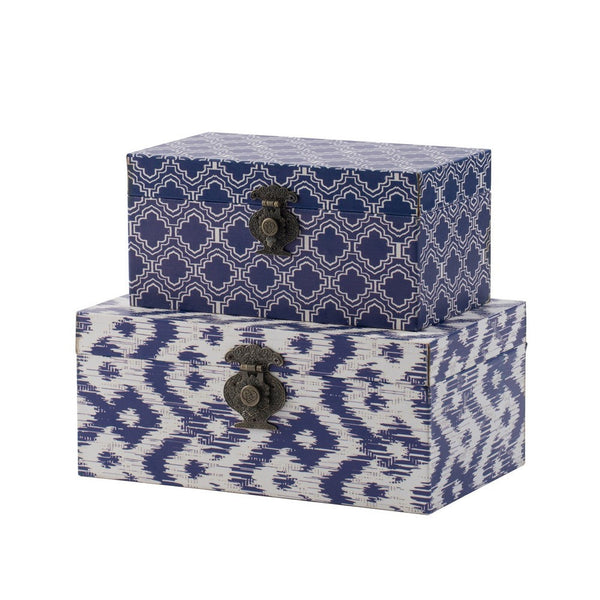 12, 10 Inch Wood Boxes, Classic Blue and White Quatrefoil Design, Set of 2 - BM286368