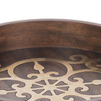 18 Inch Round Decorative Tray, Brass Inlaid Design and Brown Wood Frame - BM286369