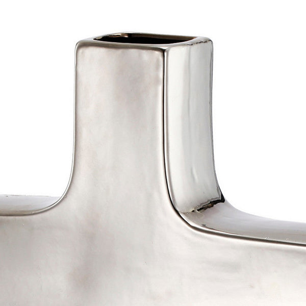 16 Inch Modern Vase, Artisanal Keyhole Design, Metallic Silver Stoneware - BM286370