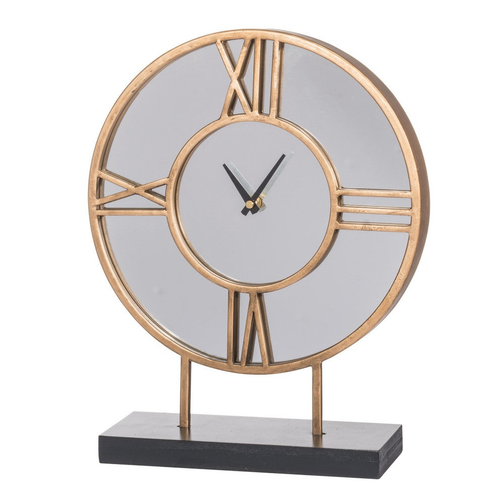 15 Inch Modern Table Clock, Round Mirrored Frame, Gold Metal Accent Trim - BM286371