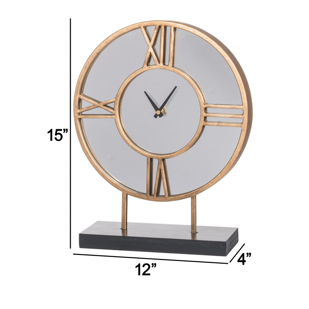 15 Inch Modern Table Clock, Round Mirrored Frame, Gold Metal Accent Trim - BM286371