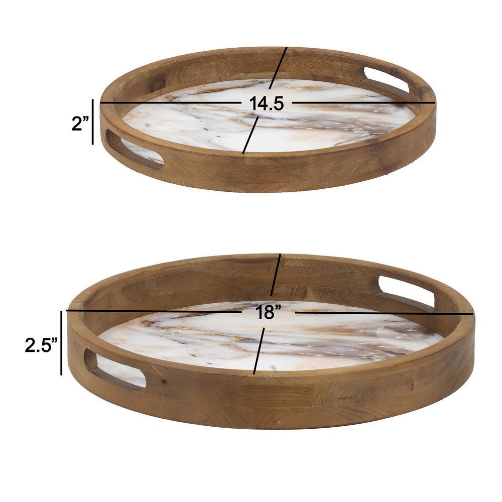18, 15 Inch Round Decorative Tray, Marble Effect, Brown Fir Wood Frame - BM286373