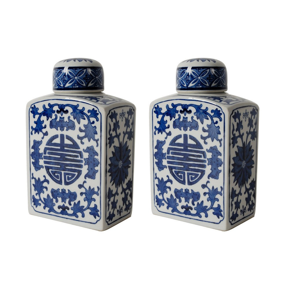 9 Inch Ceramic Lidded Jar, Rectangular Blue Orchid and Flowers, Set of 2 - BM286378