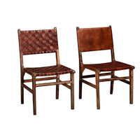 34 Inch Set of 2 Wood Dining Chairs, Leather Woven Back and Seat, Brown - BM286399