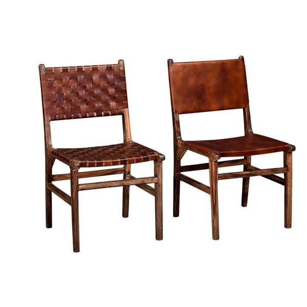 34 Inch Set of 2 Wood Dining Chairs, Leather Woven Back and Seat, Brown - BM286399