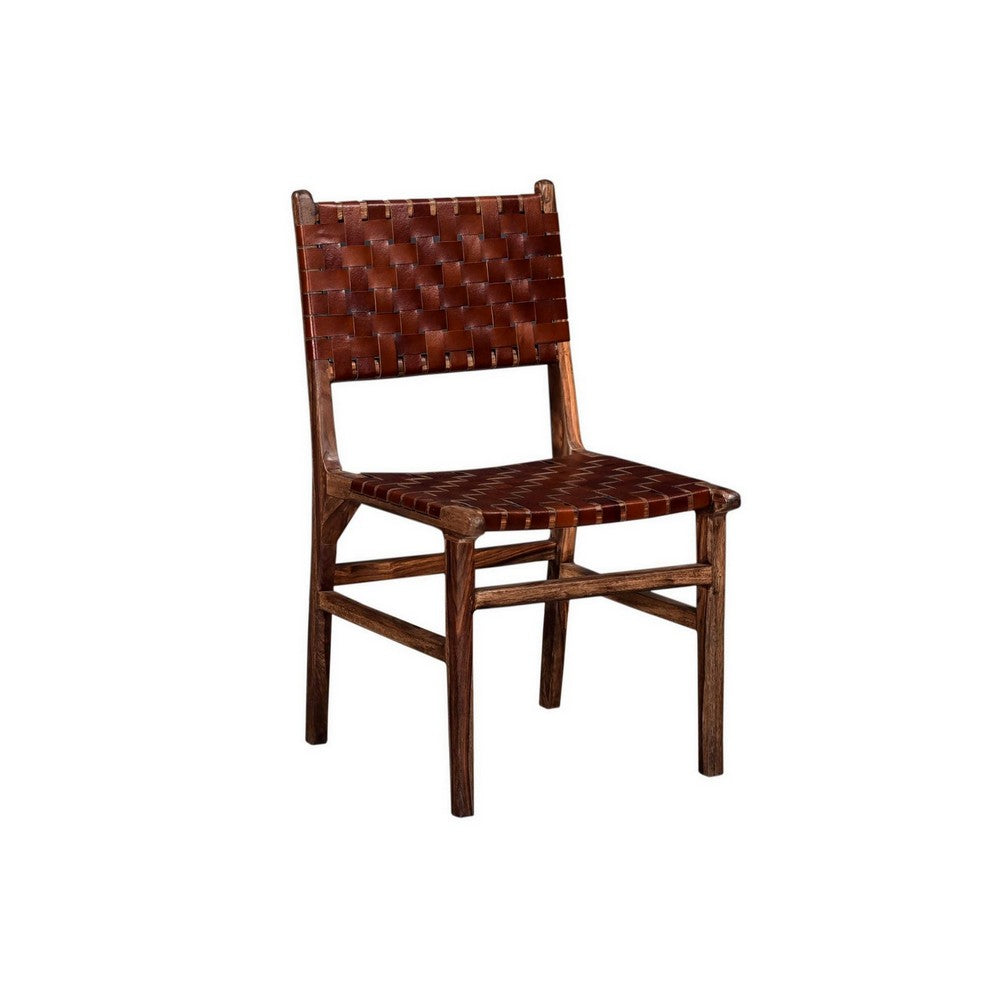 34 Inch Set of 2 Wood Dining Chairs, Leather Woven Back and Seat, Brown - BM286399