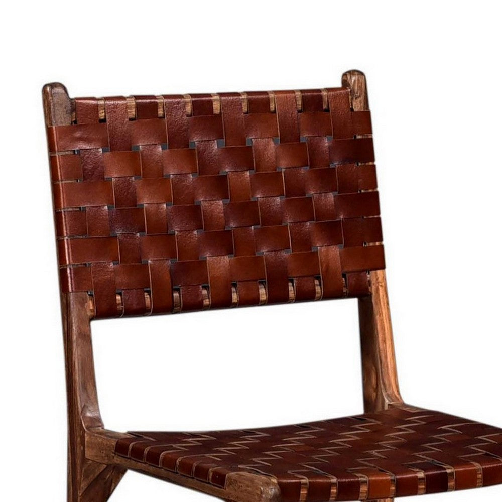 34 Inch Set of 2 Wood Dining Chairs, Leather Woven Back and Seat, Brown - BM286399