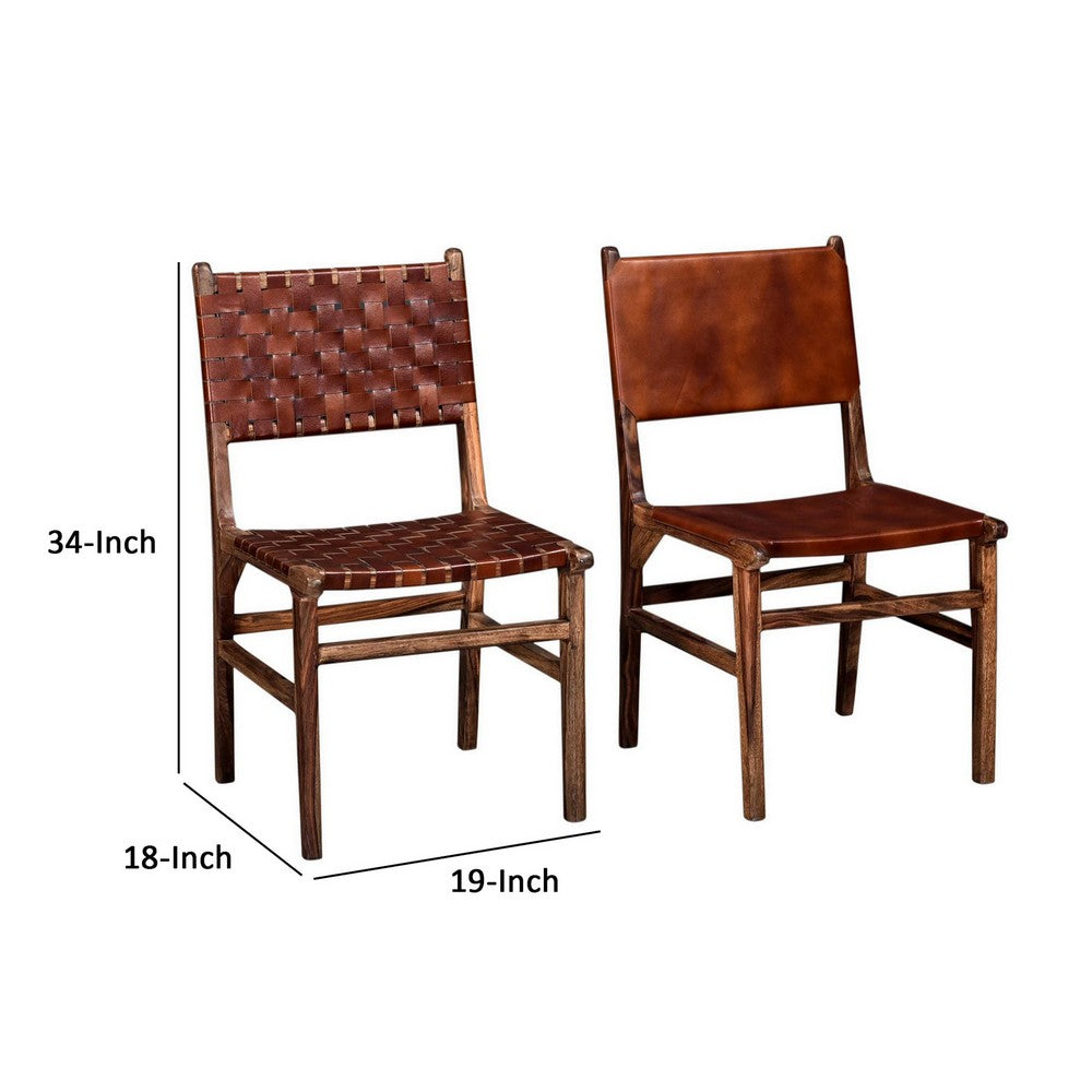 34 Inch Set of 2 Wood Dining Chairs, Leather Woven Back and Seat, Brown - BM286399