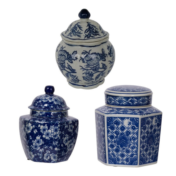 6, 6, 7 Inch Lidded Jars, Persian Inspired Blue Flowers, Curved, Set of 3 - BM286402