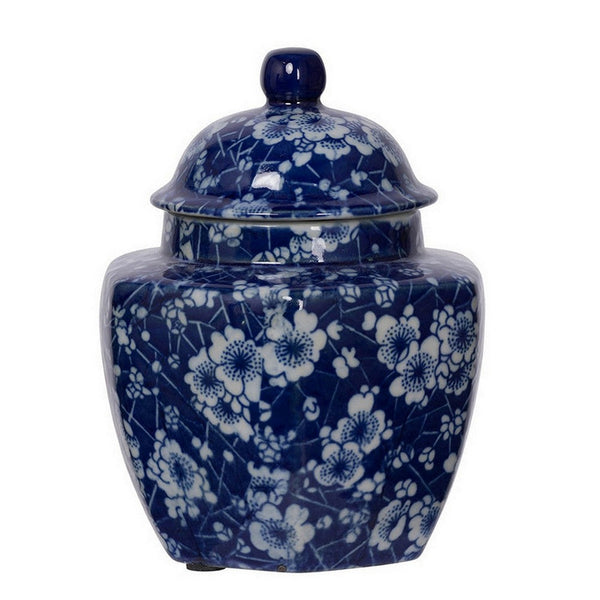 6, 6, 7 Inch Lidded Jars, Persian Inspired Blue Flowers, Curved, Set of 3 - BM286402