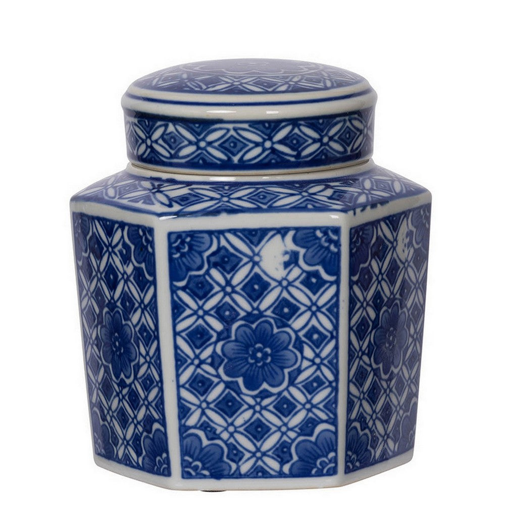 6, 6, 7 Inch Lidded Jars, Persian Inspired Blue Flowers, Curved, Set of 3 - BM286402