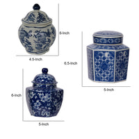 6, 6, 7 Inch Lidded Jars, Persian Inspired Blue Flowers, Curved, Set of 3 - BM286402