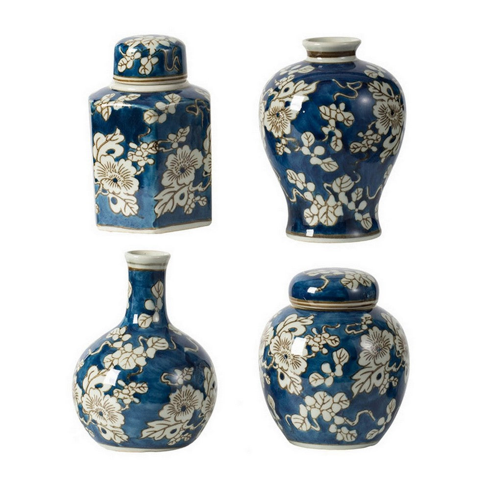 Set of 4 Lidded Jars and Vases, Classic Curved Round Blue and White Ceramic - BM286403