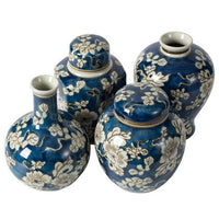 Set of 4 Lidded Jars and Vases, Classic Curved Round Blue and White Ceramic - BM286403