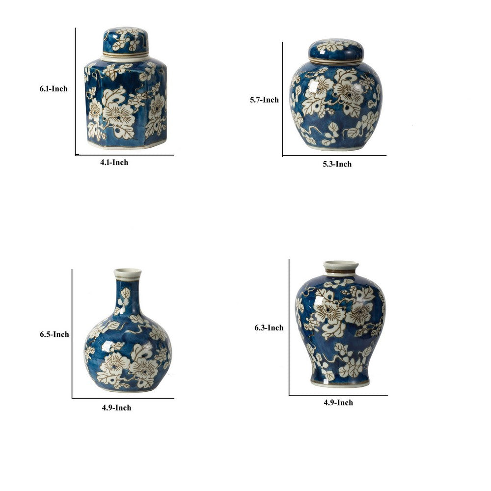 Set of 4 Lidded Jars and Vases, Classic Curved Round Blue and White Ceramic - BM286403