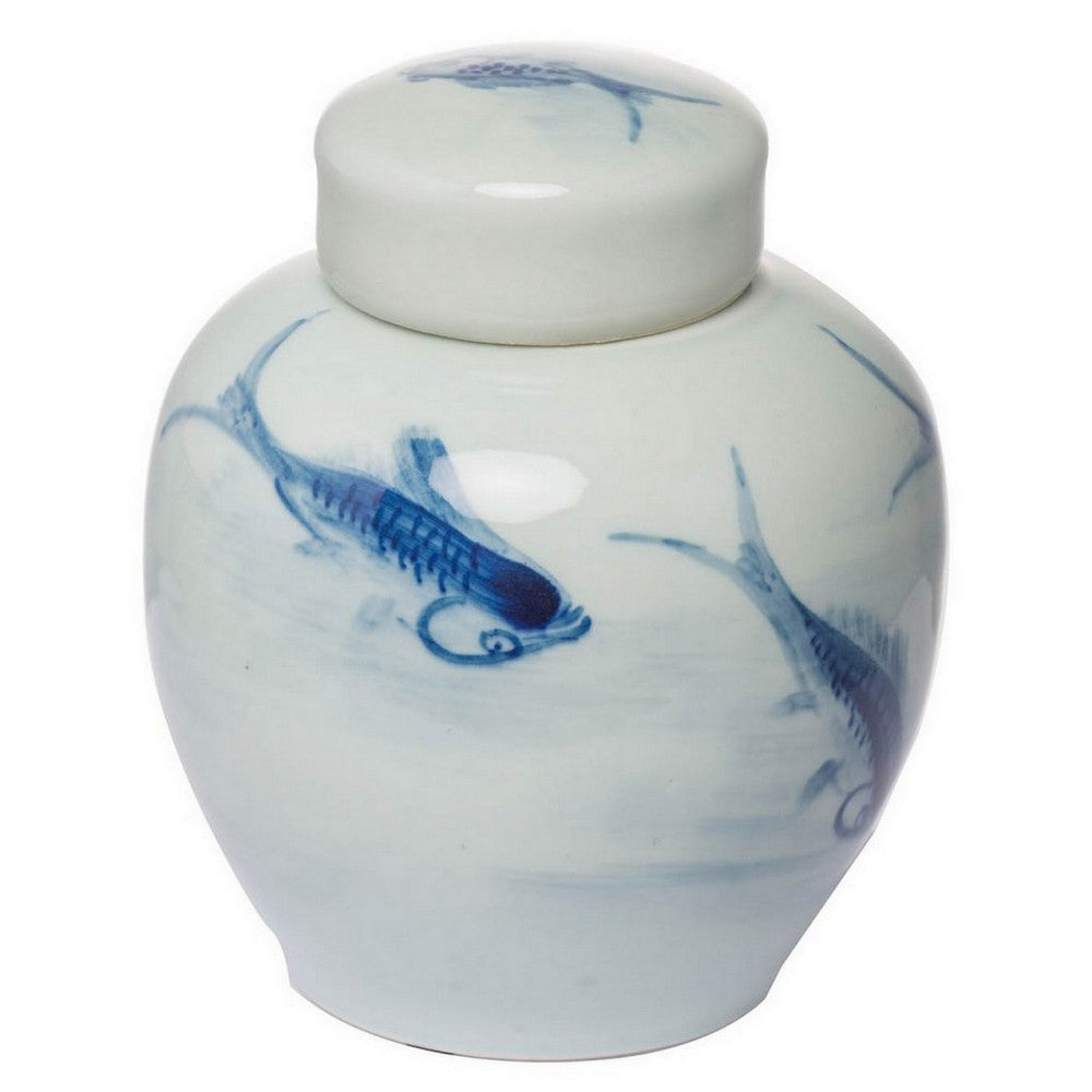 Benjara 8 Inch Lidded Ginger Jar, Painted Koi Fish, White