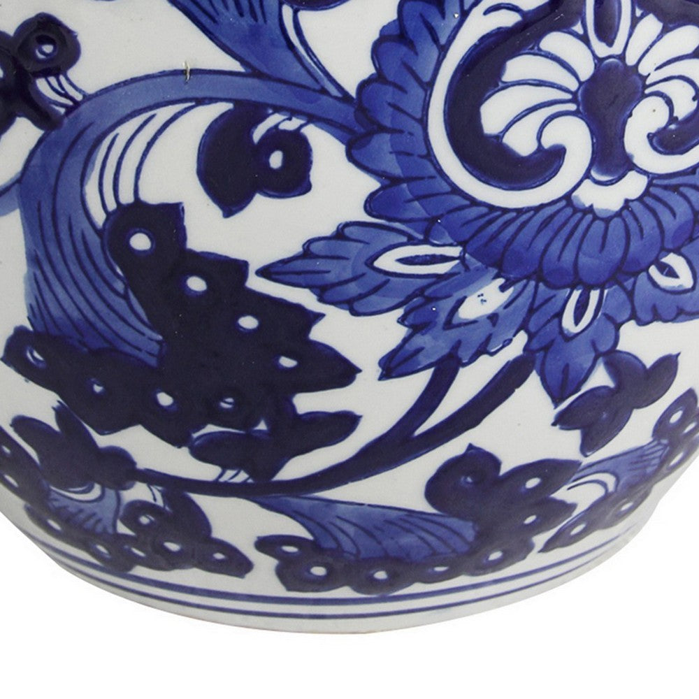 10 Inch Lidded Jar, Round Persian Floral Print, Blue and White Porcelain - BM286406