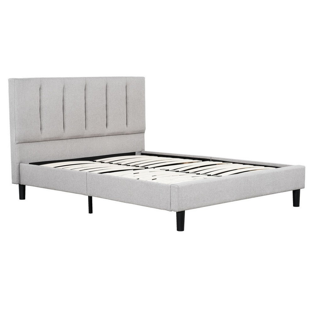 Heli Queen Bed, Gray Linen Upholstered Frame, Vertical Tufted Headboard - BM286435