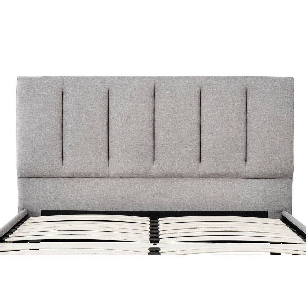 Heli Queen Bed, Gray Linen Upholstered Frame, Vertical Tufted Headboard - BM286435