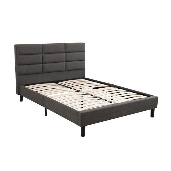 Rin Queen Size Platform Bed, Charcoal Gray Upholstery, Panel Headboard - BM286484