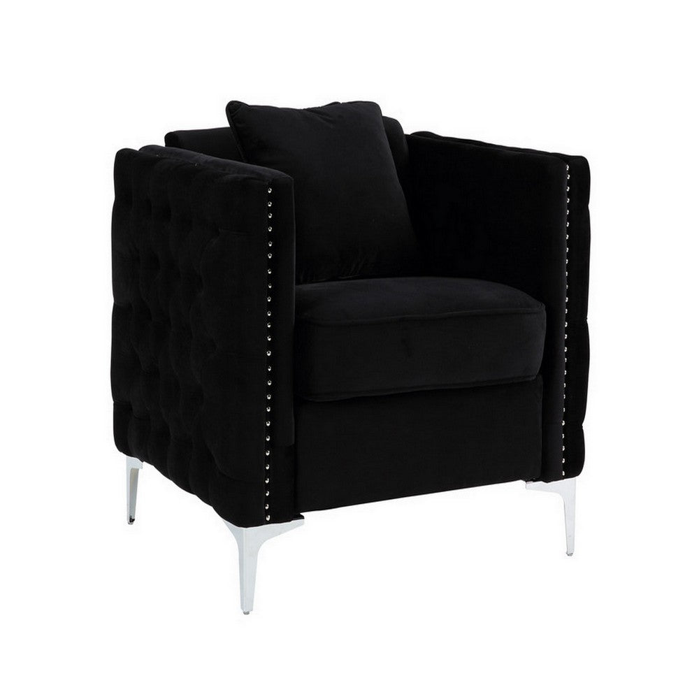 Zion 34 Inch Accent Chair with Throw Pillow, Handmade Tufted, Black Velvet - BM286569