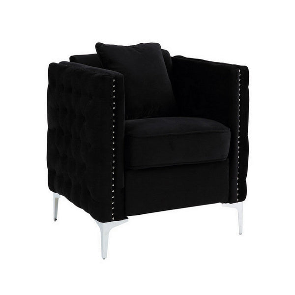 Zion 34 Inch Accent Chair with Throw Pillow, Handmade Tufted, Black Velvet - BM286569