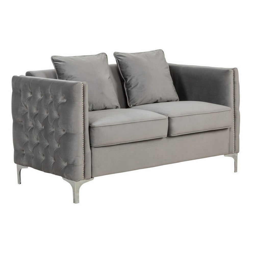 Zion 53 Inch Accent Loveseat, Handmade Nailhead Trim, Tufted, Gray Velvet - BM286570