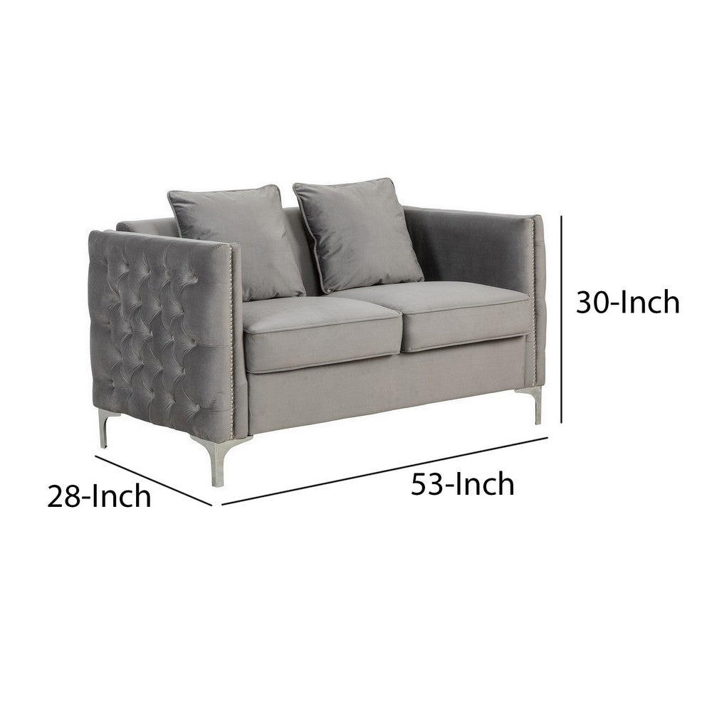 Zion 53 Inch Accent Loveseat, Handmade Nailhead Trim, Tufted, Gray Velvet - BM286570