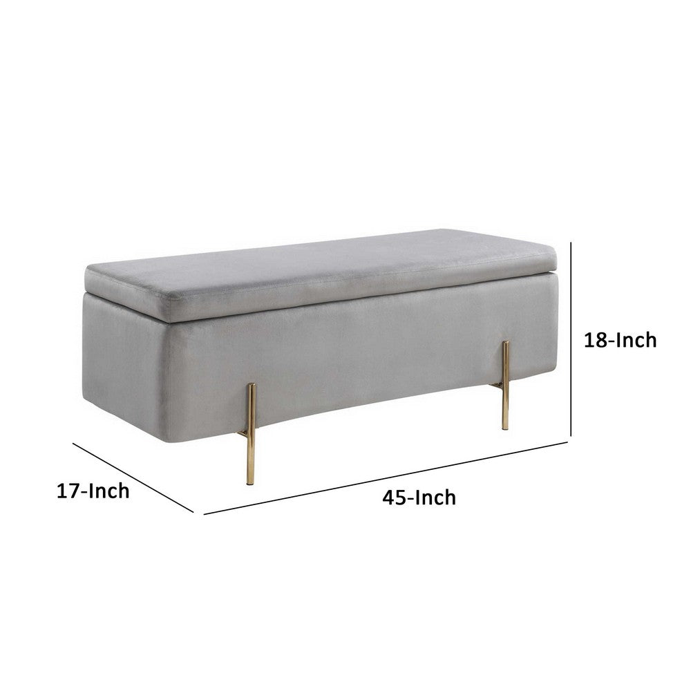 Jaxon 45 Inch Storage Bench with Wood Frame, Gold Metal Legs, Gray Velvet - BM286595
