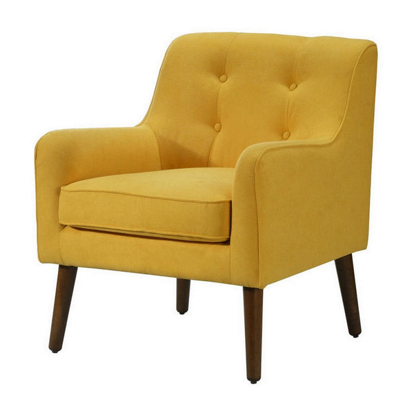 Kina 28 Inch Accent Chair, Yellow Fabric, Button Tufted, Angled Wood Legs - BM286641