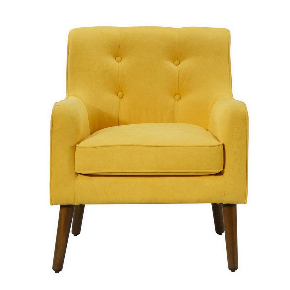 Kina 28 Inch Accent Chair, Yellow Fabric, Button Tufted, Angled Wood Legs - BM286641