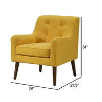 Kina 28 Inch Accent Chair, Yellow Fabric, Button Tufted, Angled Wood Legs - BM286641