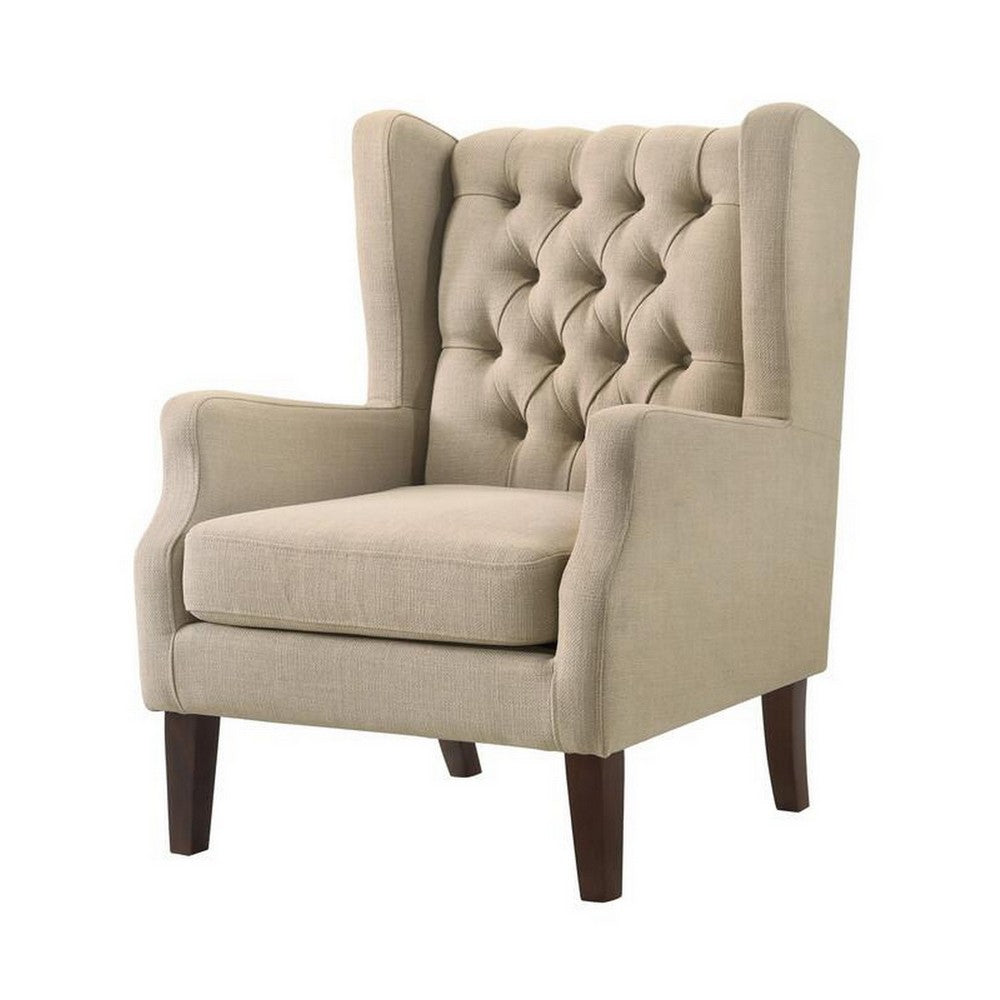 Keva 31 Inch Accent Chair, Deep Button Tufted Wingback, Soft Beige Fabric - BM286659