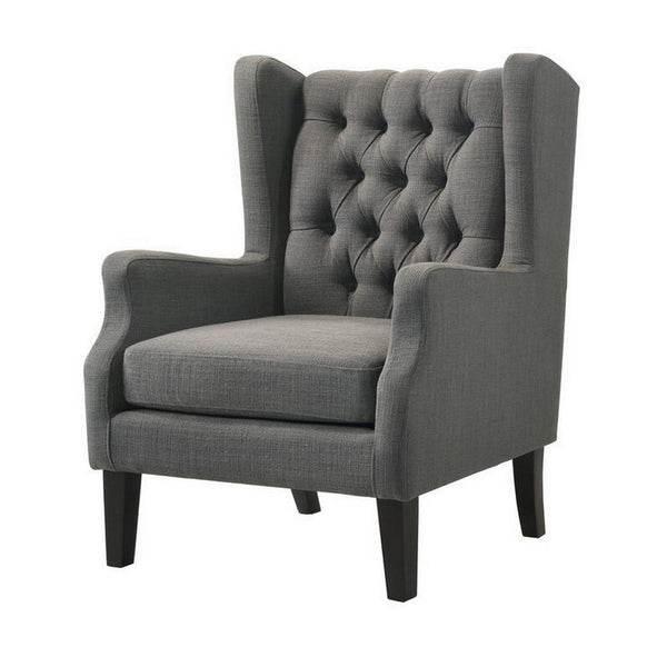 Keva 31 Inch Accent Chair, Deep Button Tufted Wingback, Soft Gray Fabric - BM286668