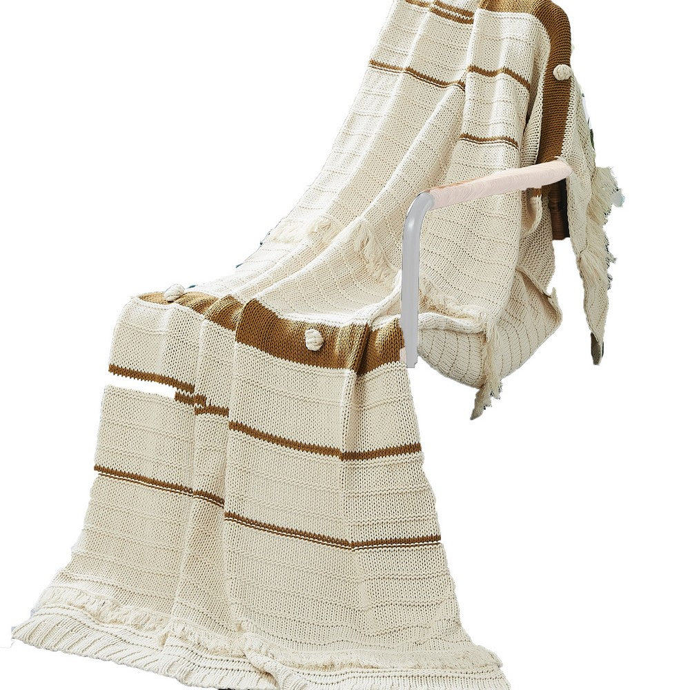 Kai 50 x 70 Throw Blanket with Fringes, Soft Knitted Cotton, Ivory, Gold - BM287506