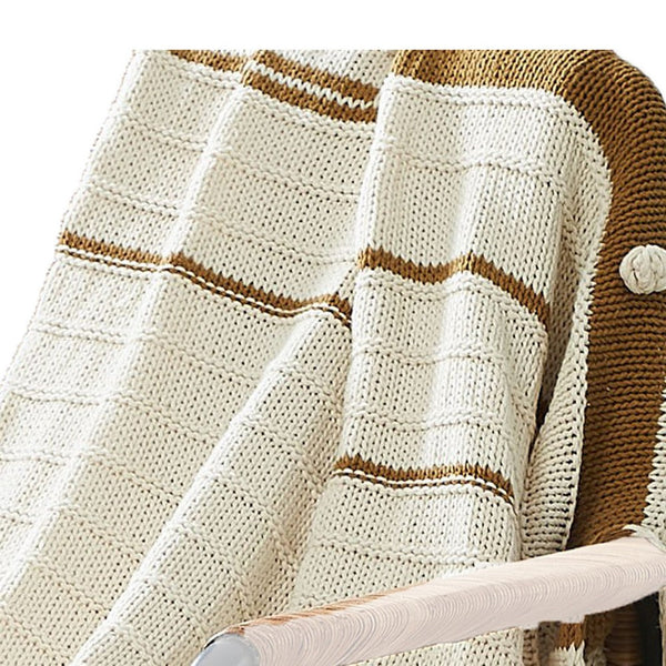 Kai 50 x 70 Throw Blanket with Fringes, Soft Knitted Cotton, Ivory, Gold - BM287506