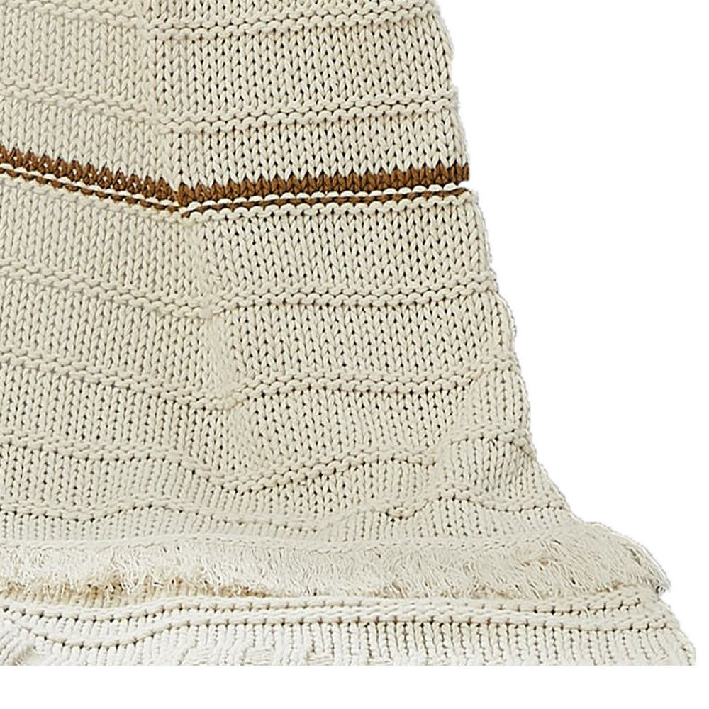 Kai 50 x 70 Throw Blanket with Fringes, Soft Knitted Cotton, Ivory, Gold - BM287506