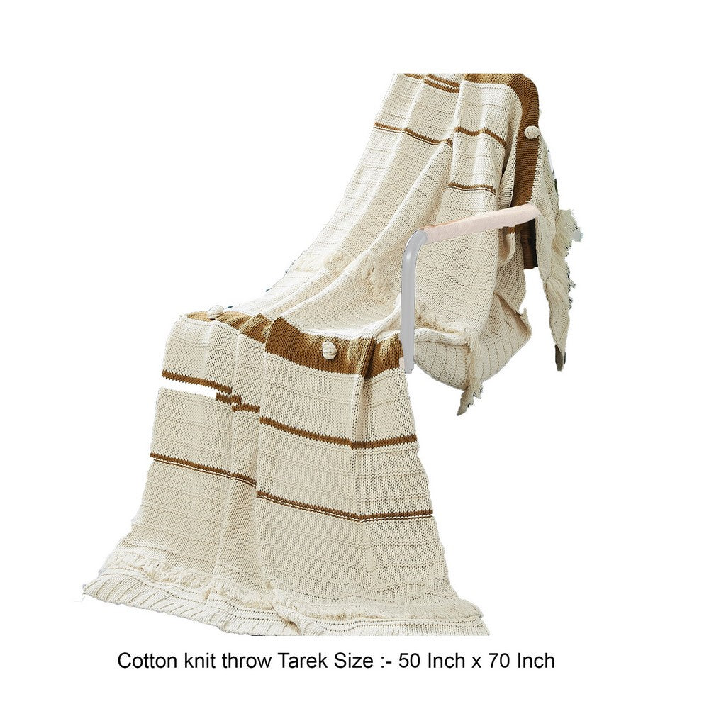 Kai 50 x 70 Throw Blanket with Fringes, Soft Knitted Cotton, Ivory, Gold - BM287506