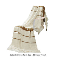 Kai 50 x 70 Throw Blanket with Fringes, Soft Knitted Cotton, Ivory, Gold - BM287506