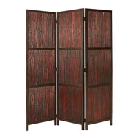 72 Inch 3 Panel Privacy Screen, Hardwood Frame, Bamboo Strips, Brown, Red - BM287515