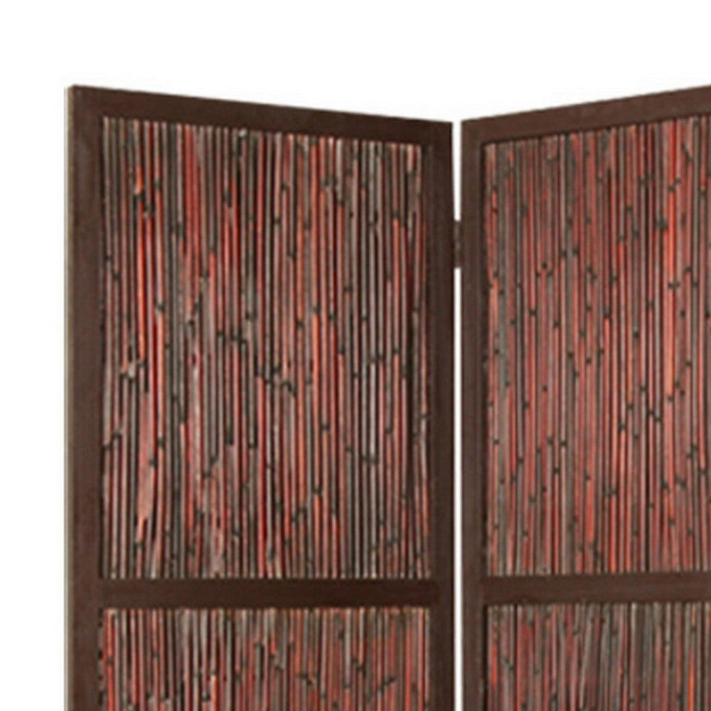 72 Inch 3 Panel Privacy Screen, Hardwood Frame, Bamboo Strips, Brown, Red - BM287515