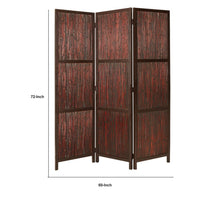72 Inch 3 Panel Privacy Screen, Hardwood Frame, Bamboo Strips, Brown, Red - BM287515