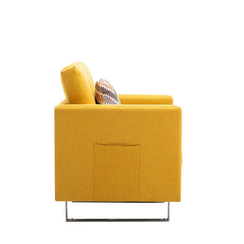 Lewa 34 inch Modern Accent Armchair, Silver Metal Legs, Tufted Seat, Yellow - BM287619